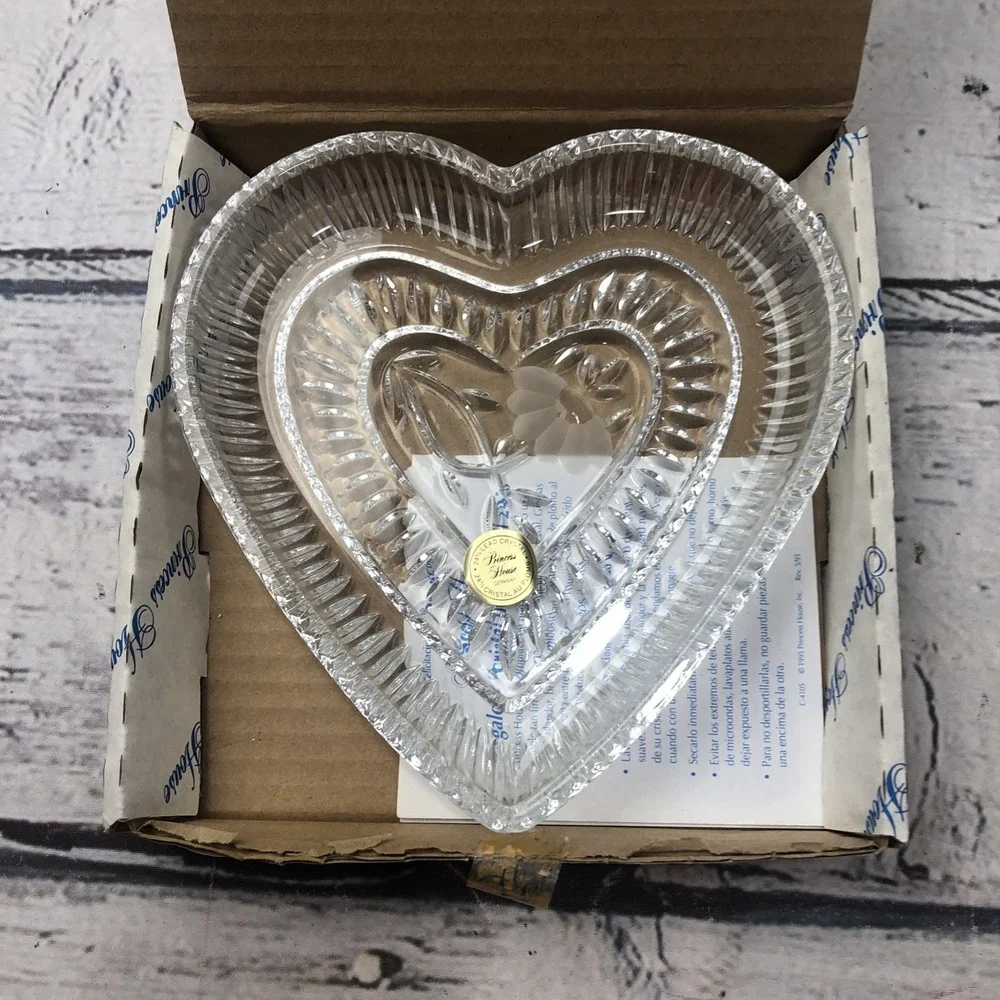 Princess House Crystal Vanity Tray Etched Heart Shaped Heritage Romance #861